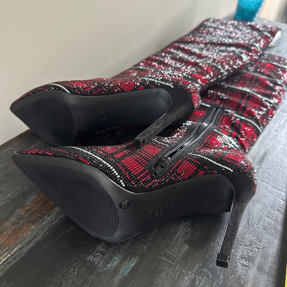 Plaid Knee-High Stiletto Boots - Red and Black Beaded - Picture 3 of 8